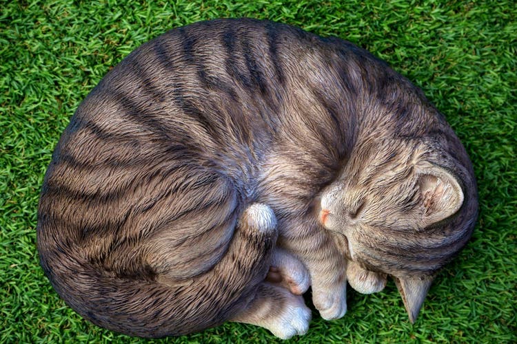 A stone kitty rests on artificial turf.