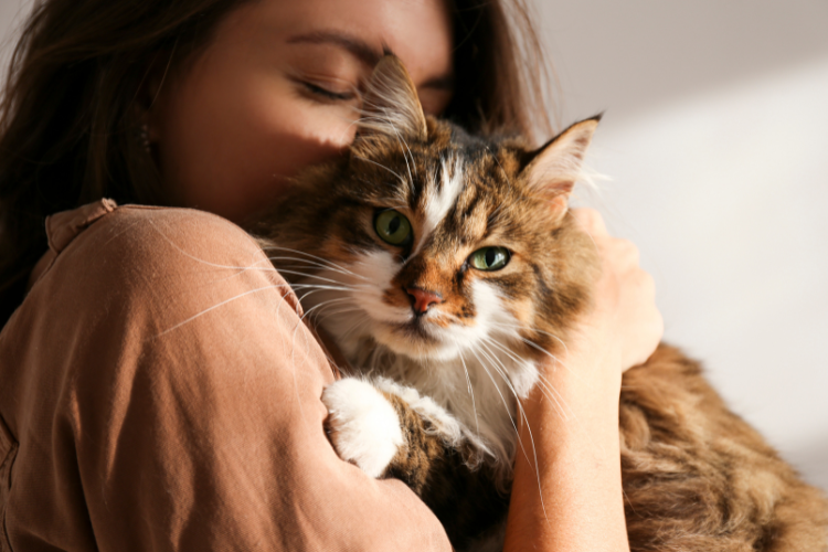 a woman hugging a cat lovingly